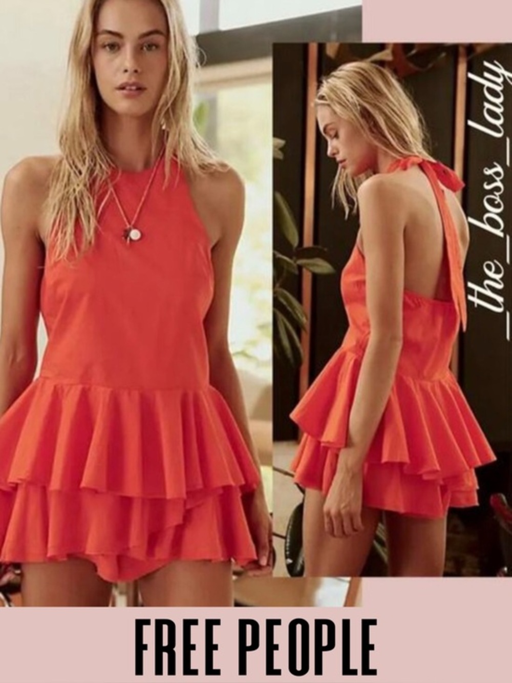 Free People top ruffle halter tunic in cotton lightweight boho summer orange XS